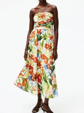 H&M Cotton Multicolor Floral Strapless Summer Midi Dress size XS